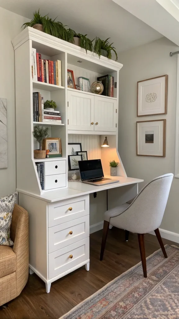 A bright, airy corner home office decor space with a white floating desk against a cream wall. Natural light streams through a large window, highlighting a sleek ergonomic chair in light gray. A small potted monstera plant sits on the desk alongside a modern metallic desk lamp. The styling is minimal with clean lines and thoughtful organization.